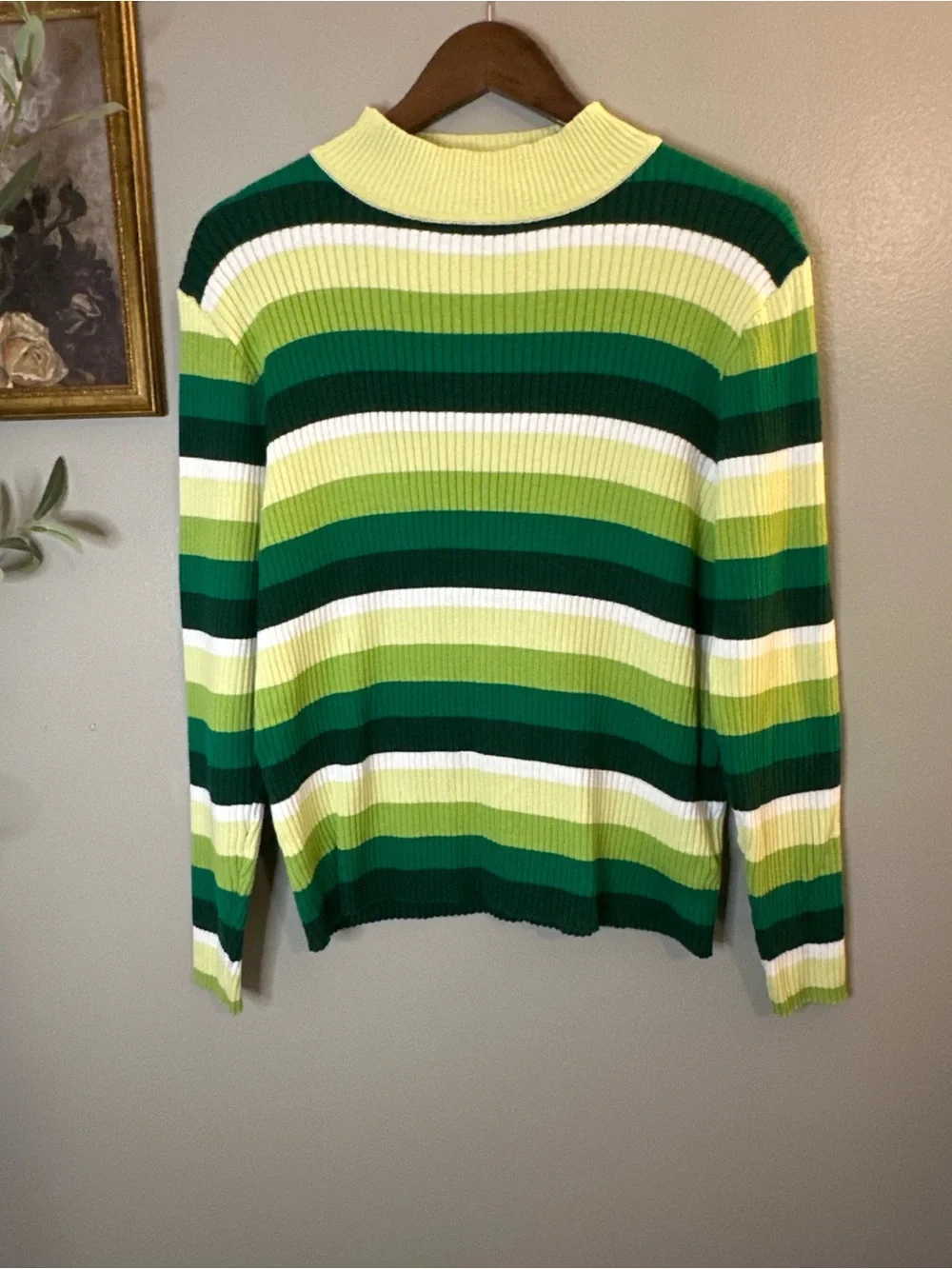 Shiny by Nature XL Green Striped Ribbed Mock Neck 100% Cotton Retro Sweater
